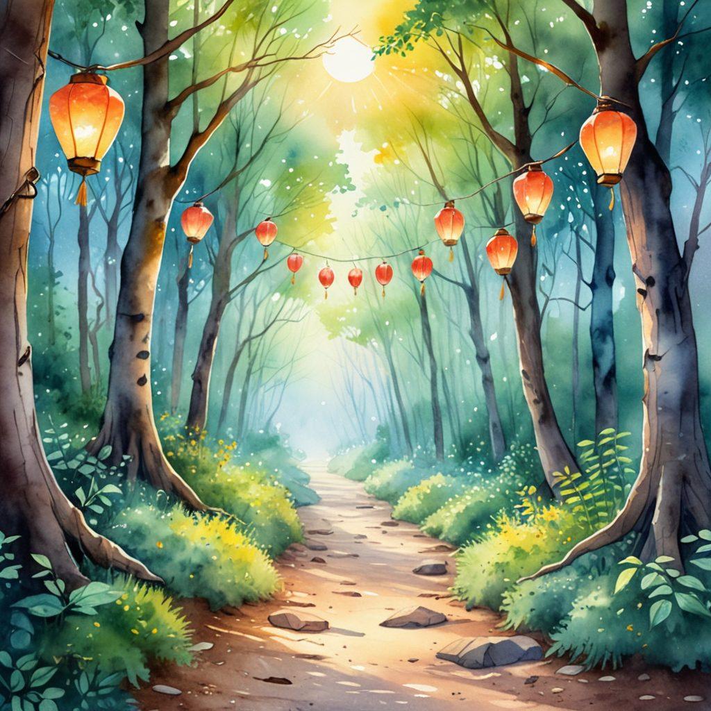 A serene pathway winding through a beautiful forest, with patches of sunlight filtering through the trees, symbolizing the journey of emotional healing. Along the path, tiny glowing lanterns represent hope and guidance. At the beginning of the path, a cracked heart transforms into a whole, radiant heart as it follows the enchanting trail. Watercolor effect. soft pastel colors. tranquil ambiance.