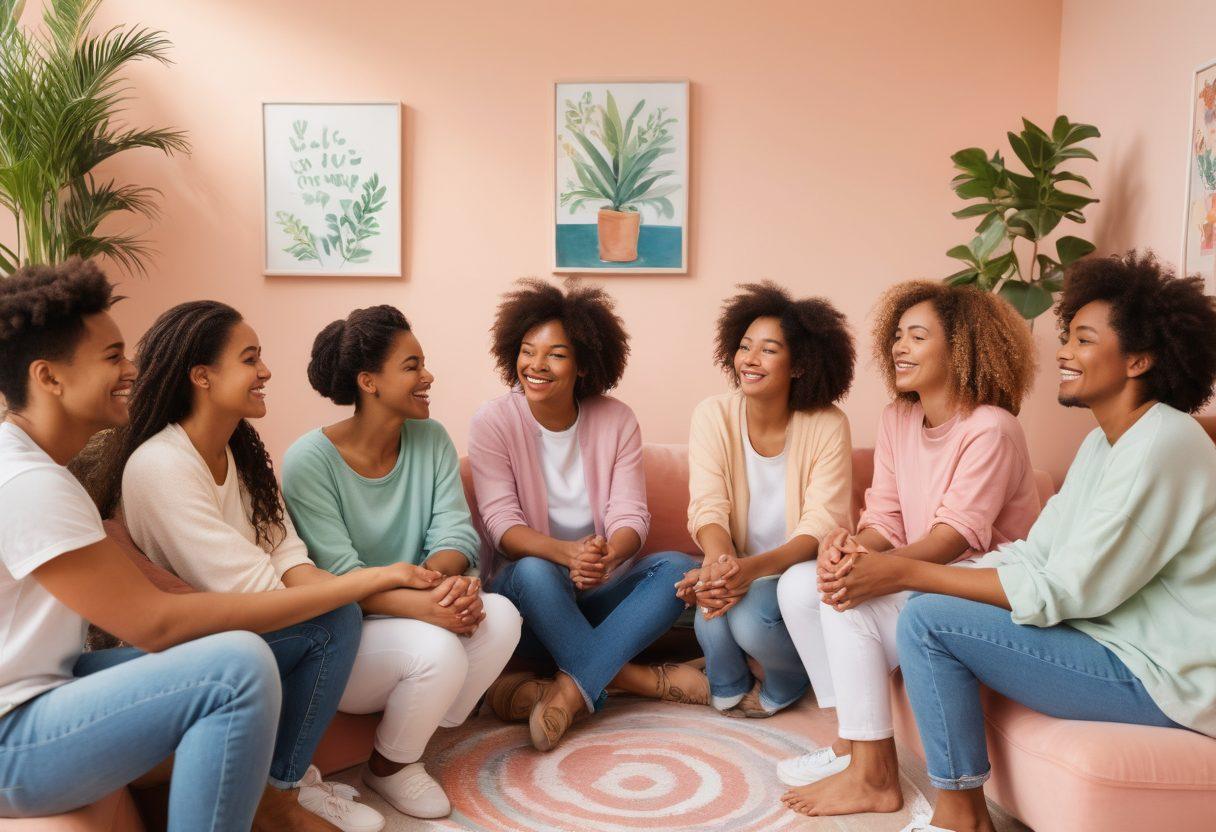 A warm and comforting scene of a diverse group of people sitting in a circle, holding hands and smiling, in a cozy, well-lit room. The background features soft, pastel-colored walls with motivational posters and plants in the corners. Everyone in the group is depicted with a sense of peace and hope. The atmosphere should radiate a sense of love, unity, and healing. painting style. vibrant colors.