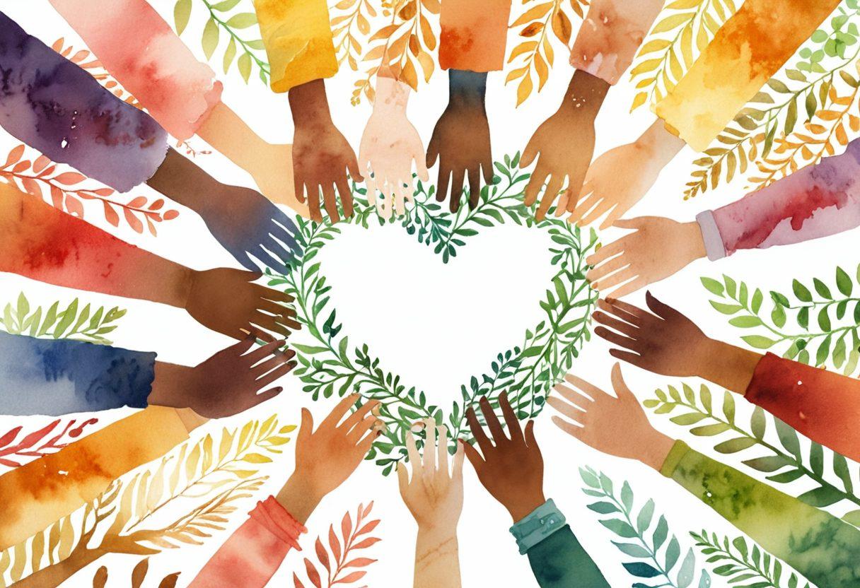 A comforting circle of diverse people, holding hands with radiant smiles, surrounded by soft, ethereal light. In the center, a heart symbol made of interwoven vines representing growth and connection. The background features subtle, warm colors to evoke a sense of hope and recovery. watercolor. vibrant colors. soft focus.